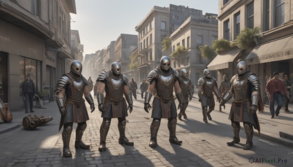 gloves,weapon,boots,outdoors,multiple boys,day,sword,bag,armor,tree,helmet,shoulder armor,gauntlets,building,walking,6+boys,pauldrons,breastplate,city,road,multiple others,hammer,street,knight,full armor,ambiguous gender,town,sky,shadow,scenery,sign,fantasy