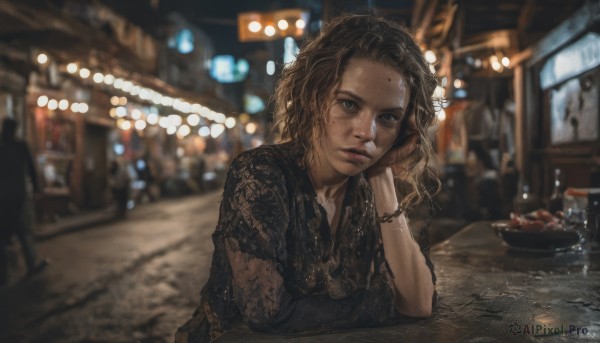 1girl,solo,long hair,looking at viewer,brown hair,shirt,black hair,brown eyes,jewelry,upper body,short sleeves,outdoors,solo focus,necklace,mole,blurry,black eyes,bracelet,lips,depth of field,blurry background,wavy hair,table,freckles,head rest,realistic,nose,road,restaurant,sitting,night,arm support,ground vehicle,motor vehicle,curly hair,car,street