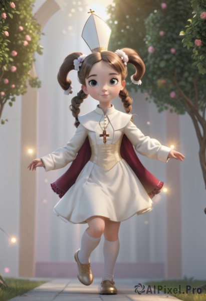 1girl,solo,long hair,looking at viewer,smile,brown hair,hair ornament,long sleeves,hat,dress,twintails,jewelry,closed mouth,standing,full body,braid,flower,outdoors,shoes,socks,necklace,cape,white dress,blurry,black eyes,twin braids,tree,kneehighs,blurry background,rose,brown footwear,standing on one leg,grass,cross,white socks,child,corset,female child,cross necklace,blush,blue eyes,parted lips,day,artist name,lips,white headwear,red cape