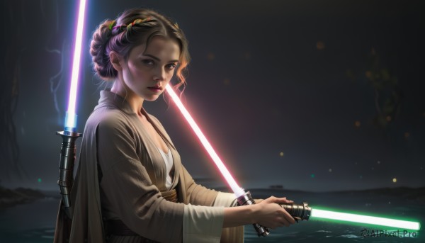 1girl,solo,breasts,looking at viewer,brown hair,holding,cleavage,brown eyes,upper body,weapon,braid,small breasts,sword,hair bun,cape,holding weapon,lips,cosplay,night,holding sword,single hair bun,science fiction,robe,nose,energy sword,laser,lightsaber,purple hair,from side,parody,realistic,animification