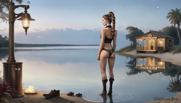 1girl,solo,long hair,breasts,brown hair,hair ornament,bare shoulders,brown eyes,medium breasts,underwear,standing,panties,swimsuit,ponytail,ass,braid,bikini,boots,outdoors,sky,shoes,barefoot,choker,looking back,water,from behind,tree,single braid,night,ocean,back,beach,knee boots,fire,star (sky),corset,reflection,lantern,palm tree,campfire,jewelry,day,cloud,ground vehicle,shoes removed,ripples,lamppost,train,boots removed