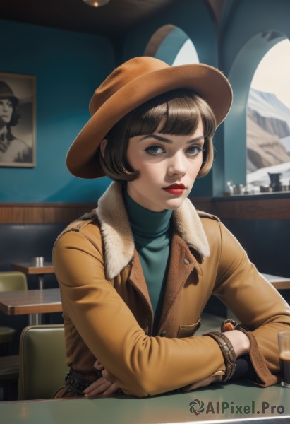 1girl,solo,looking at viewer,short hair,bangs,blue eyes,brown hair,gloves,long sleeves,hat,sitting,closed mouth,jacket,upper body,belt,indoors,fingerless gloves,sweater,lips,coat,grey eyes,fur trim,makeup,turtleneck,chair,crossed arms,table,lipstick,freckles,watch,nose,brown headwear,red lips,wristwatch,brown coat,cowboy hat,shirt,black hair,parted lips,cup,window,blue shirt,drinking glass,fur collar,brown jacket,realistic,wine glass,leather,leather jacket,pov across table