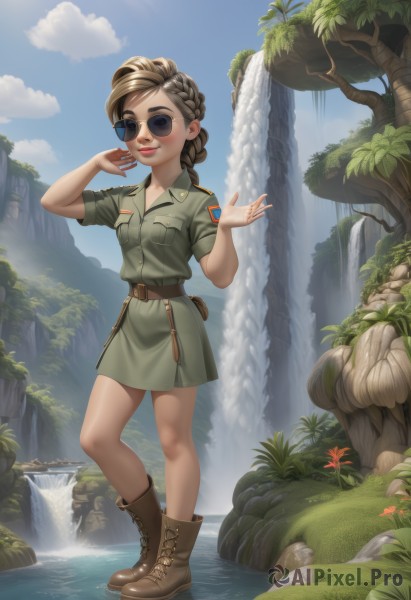 1girl,solo,long hair,breasts,looking at viewer,smile,open mouth,skirt,brown hair,shirt,standing,full body,braid,flower,short sleeves,small breasts,boots,outdoors,sky,teeth,day,belt,artist name,cloud,signature,water,uniform,tree,blue sky,lips,hands up,military,military uniform,buttons,brown footwear,sunglasses,grass,green skirt,nature,cross-laced footwear,pocket,pouch,rock,realistic,round eyewear,green shirt,ankle boots,breast pocket,belt pouch,river,waterfall,stream,aviator sunglasses,brown eyes,parted lips,single braid,watermark,web address,green dress,brown belt