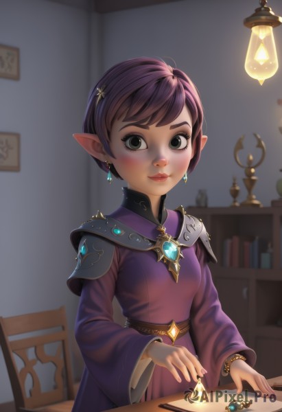 1girl,solo,breasts,looking at viewer,blush,smile,short hair,bangs,brown hair,hair ornament,long sleeves,dress,jewelry,closed mouth,green eyes,upper body,purple hair,earrings,pointy ears,indoors,wide sleeves,armor,blurry,bracelet,lips,book,makeup,blurry background,swept bangs,chair,table,ring,elf,shoulder armor,gem,purple dress,freckles,crystal,paper,bookshelf,lamp,artist name