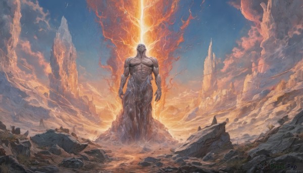 The timeless beauty of a male in a tranquil fiery outdoors