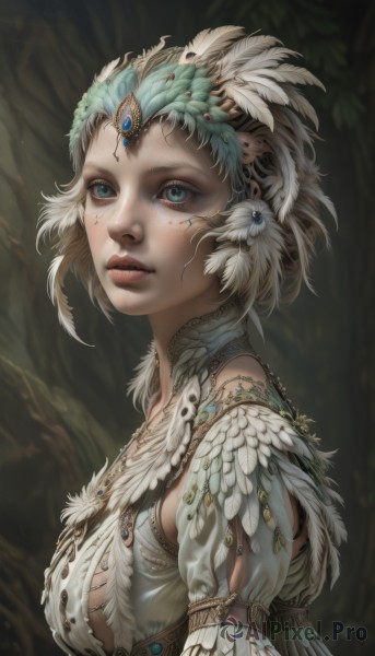 1girl,solo,breasts,looking at viewer,short hair,blue eyes,hair ornament,jewelry,medium breasts,upper body,white hair,parted lips,necklace,from side,lips,eyelashes,sideboob,feathers,gem,nature,forest,freckles,circlet,realistic,nose,headdress,feather hair ornament,forehead jewel,blonde hair,earrings,facial mark