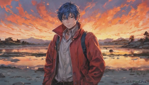 solo,looking at viewer,short hair,bangs,blue eyes,shirt,long sleeves,1boy,hair between eyes,jewelry,closed mouth,blue hair,standing,jacket,white shirt,upper body,male focus,outdoors,open clothes,sky,collared shirt,belt,pants,cloud,water,open jacket,tree,coat,beach,black pants,cloudy sky,scenery,red jacket,reflection,sunset,hands in pockets,river,twilight,evening,lake,orange sky,smile,necklace,bag,dress shirt,buttons,backpack,rock