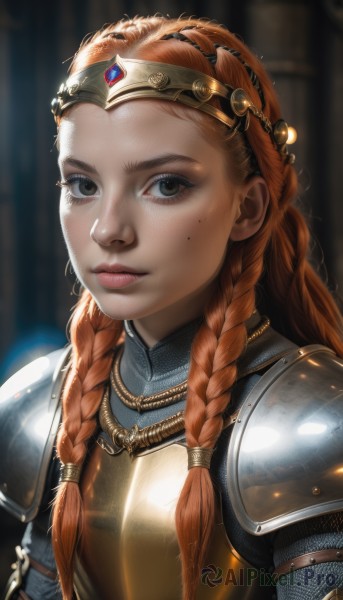 1girl,solo,long hair,looking at viewer,brown eyes,jewelry,closed mouth,upper body,braid,artist name,necklace,orange hair,armor,mole,blurry,twin braids,lips,grey eyes,mole under eye,makeup,blurry background,shoulder armor,freckles,pauldrons,circlet,breastplate,realistic,nose,chainmail,plate armor,hair ornament,red hair,gem,forehead,multiple braids