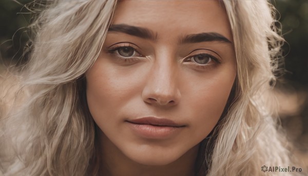 1girl,solo,long hair,looking at viewer,blonde hair,closed mouth,white hair,blurry,lips,grey eyes,eyelashes,blurry background,wavy hair,thick eyebrows,portrait,close-up,curly hair,realistic,nose,smile,brown eyes,light smile