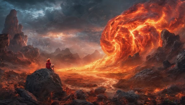 A male amidst a vivid fiery outdoors