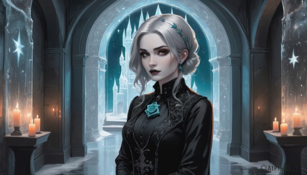 A female set against the backdrop of a serene snowy window