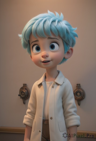 solo,looking at viewer,smile,open mouth,blue eyes,shirt,1boy,blue hair,white shirt,male focus,parted lips,open clothes,teeth,belt,indoors,child,sleeves rolled up,freckles,male child,1girl,short hair,jacket,upper body,shorts,pants,artist name,watermark