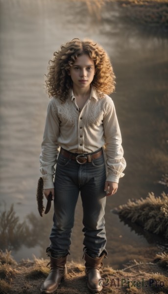 1girl,solo,long hair,looking at viewer,blue eyes,brown hair,shirt,long sleeves,holding,closed mouth,standing,full body,white shirt,boots,outdoors,collared shirt,belt,pants,blurry,lips,blurry background,brown footwear,ring,denim,curly hair,jeans,realistic,blue pants,brown belt,leather,whip,leather boots,hat,brown eyes,dress shirt,buttons,plant,buckle,straw hat,partially unbuttoned,dirty