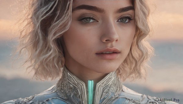 1girl,solo,looking at viewer,short hair,blonde hair,brown hair,brown eyes,green eyes,outdoors,parted lips,sky,teeth,cloud,blurry,lips,grey eyes,eyelashes,bodysuit,blurry background,wavy hair,portrait,close-up,science fiction,curly hair,realistic,nose,cloudy sky