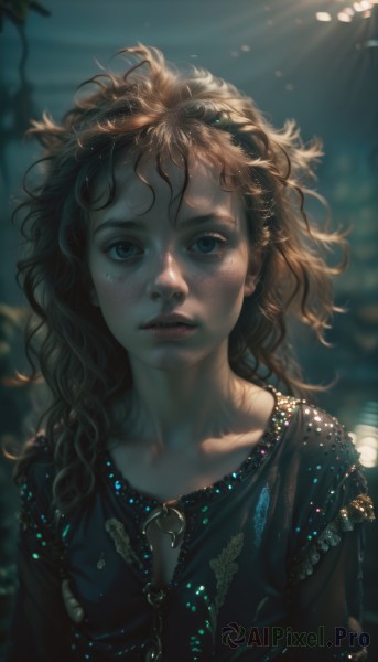 1girl,solo,long hair,looking at viewer,blue eyes,brown hair,hair ornament,dress,jewelry,collarbone,upper body,parted lips,necklace,blurry,lips,eyelashes,depth of field,blurry background,wavy hair,sunlight,messy hair,freckles,curly hair,realistic,nose,bangs,shirt,mole,mole under mouth,light rays,light