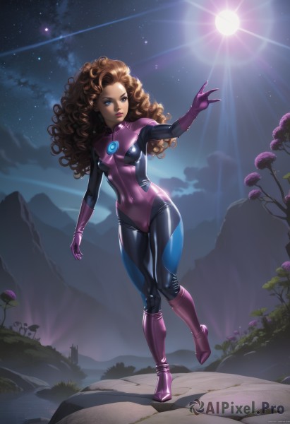 1girl,solo,long hair,breasts,blue eyes,brown hair,gloves,medium breasts,standing,full body,small breasts,boots,outdoors,sky,cloud,dark skin,lips,bodysuit,covered navel,makeup,night,glowing,thigh gap,moon,standing on one leg,knee boots,outstretched arm,lipstick,star (sky),night sky,skin tight,starry sky,backlighting,walking,curly hair,shiny clothes,mountain,sun,pink footwear,purple footwear,mushroom,pink gloves,purple bodysuit,shooting star,latex,pink bodysuit