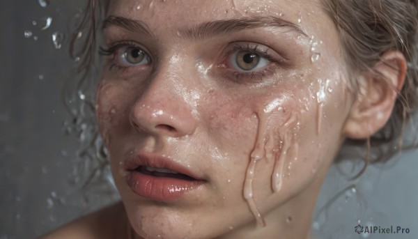 1girl,solo,short hair,open mouth,brown hair,brown eyes,parted lips,teeth,water,mole,blurry,lips,wet,eyelashes,looking away,portrait,close-up,freckles,water drop,realistic,nose,wet hair,looking at viewer