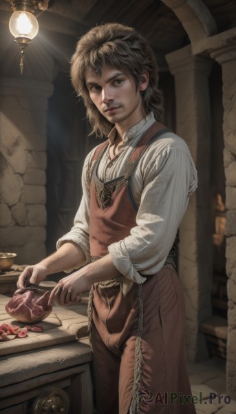 1girl,solo,looking at viewer,short hair,brown hair,shirt,long sleeves,1boy,holding,brown eyes,jewelry,standing,white shirt,male focus,parted lips,food,indoors,medium hair,necklace,apron,lips,sunlight,knife,plate,freckles,realistic,cooking,meat,blonde hair,pants,facial hair,sleeves rolled up,pillar