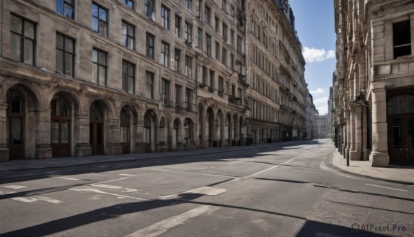 outdoors,sky,day,cloud,blue sky,no humans,window,shadow,sunlight,building,scenery,city,road,cityscape,street,cloudy sky,architecture,lamppost,pavement,vanishing point