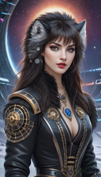 1girl,solo,long hair,breasts,looking at viewer,bangs,brown hair,black hair,long sleeves,animal ears,cleavage,jewelry,medium breasts,upper body,earrings,parted lips,belt,artist name,cat ears,signature,necklace,black eyes,lips,animal ear fluff,grey eyes,fur trim,eyelashes,makeup,lipstick,gem,star (sky),pendant,starry sky,nose,red lips,space,brown eyes,jacket,sky,black jacket,wolf ears,backlighting,fur collar,realistic