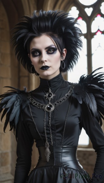 1girl,solo,breasts,looking at viewer,short hair,black hair,long sleeves,dress,brown eyes,jewelry,closed mouth,standing,yellow eyes,upper body,earrings,indoors,necklace,blurry,black eyes,black dress,lips,window,makeup,blurry background,cross,feathers,lipstick,corset,eyeshadow,hoop earrings,eyeliner,big hair,gothic,black lips,black feathers,pale skin,realistic