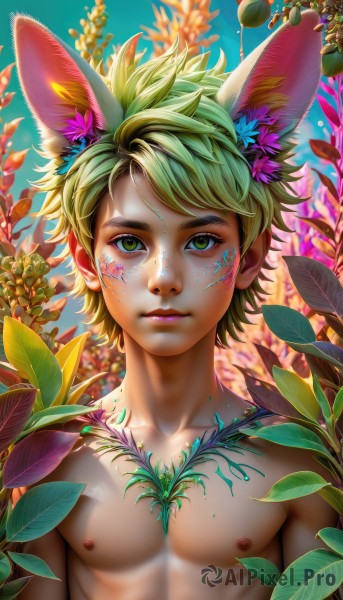 solo,looking at viewer,short hair,bangs,blonde hair,1boy,animal ears,closed mouth,nipples,green eyes,collarbone,upper body,male focus,nude,outdoors,green hair,day,artist name,rabbit ears,blurry,lips,makeup,leaf,facial mark,pectorals,plant,extra ears,toned,topless male,nose,facepaint,toned male,flower,watermark,web address,freckles,bubble,underwater,realistic,bodypaint,coral