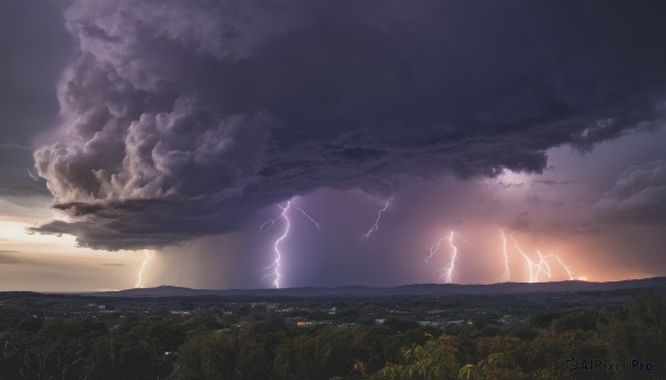 A breathtaking sunset outdoors featuring a lightning
