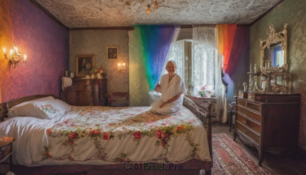 solo,1boy,sitting,flower,white hair,male focus,indoors,dark skin,pillow,book,window,bed,bed sheet,facial hair,on bed,table,dark-skinned male,curtains,red flower,scenery,beard,robe,blanket,lamp,candle,bedroom,wide shot,old,old man,vase,painting (object),carpet,candlestand,rug,canopy bed,chair,plant,statue,chandelier,portrait (object)