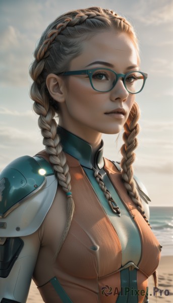 1girl,solo,long hair,breasts,looking at viewer,brown hair,brown eyes,medium breasts,closed mouth,upper body,braid,multicolored hair,small breasts,outdoors,parted lips,sky,glasses,artist name,cloud,water,blurry,twin braids,covered nipples,two-tone hair,lips,bodysuit,ocean,beach,forehead,backlighting,freckles,realistic,nose,blue-framed eyewear,day,armor,makeup,sunlight,cloudy sky,shoulder armor,french braid,horizon,over-rim eyewear,multiple braids