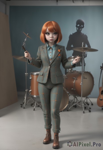 1girl,solo,looking at viewer,short hair,bangs,brown hair,shirt,long sleeves,holding,closed mouth,standing,jacket,full body,boots,solo focus,collared shirt,pants,indoors,blunt bangs,orange hair,black eyes,lips,grey eyes,plaid,makeup,buttons,shadow,brown footwear,formal,bob cut,suit,blue shirt,instrument,cross-laced footwear,lace-up boots,guitar,red lips,grey pants,badge,playing instrument,drum,drumsticks,drum set,1boy,white shirt,red hair,parted lips,striped,artist name,freckles,skull,plaid shirt,skeleton,green pants