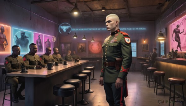 sitting,standing,jacket,weapon,male focus,multiple boys,belt,indoors,dark skin,uniform,cup,military,military uniform,facial hair,chair,table,helmet,science fiction,6+boys,realistic,mustache,bald,stool,poster (object),bar (place),soldier,hat,boots,signature,mask,beard,alcohol,drinking glass,holster,cyborg,old man,counter,neon lights,bar stool