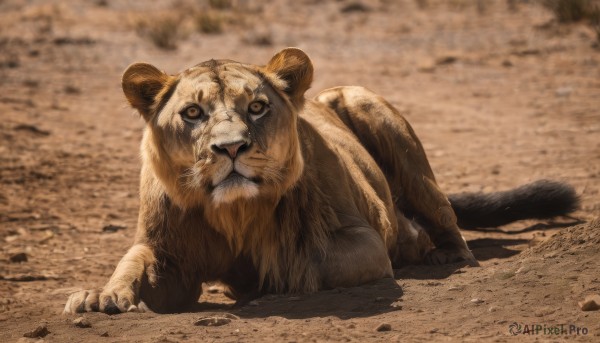 solo,looking at viewer,closed mouth,full body,outdoors,lying,blurry,no humans,blurry background,shadow,animal,claws,realistic,animal focus,brown theme,lion,tongue,pokemon (creature),all fours,colored sclera,sand