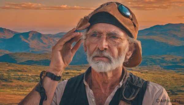 solo,looking at viewer,blue eyes,shirt,1boy,hat,jewelry,white shirt,upper body,white hair,grey hair,male focus,outdoors,sky,glasses,collared shirt,cloud,necklace,vest,facial hair,cloudy sky,goggles,beard,watch,mountain,realistic,round eyewear,mustache,brown headwear,adjusting eyewear,wristwatch,old,old man,mountainous horizon,goggles on headwear,desert,closed mouth,hand up,tattoo,portrait,arm hair,wrinkled skin