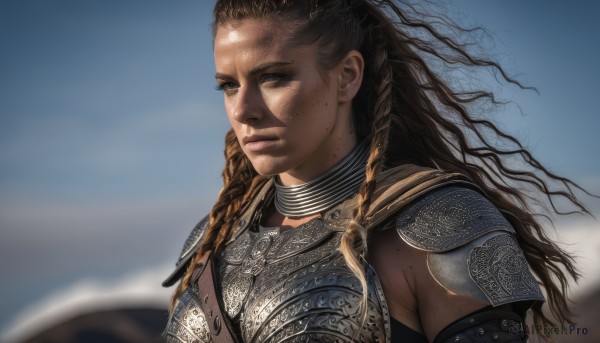 1girl,solo,long hair,looking at viewer,brown hair,brown eyes,closed mouth,upper body,braid,outdoors,choker,day,dark skin,armor,blurry,twin braids,dark-skinned female,lips,blurry background,shoulder armor,freckles,curly hair,pauldrons,breastplate,realistic,nose,side braids,dreadlocks,gorget,chainmail,multiple braids,black hair,sky,mole,forehead,shield