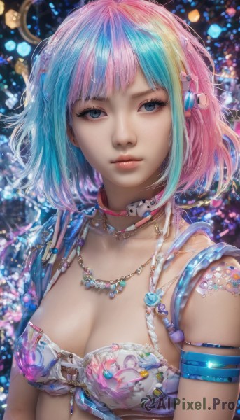 1girl,solo,breasts,looking at viewer,short hair,bangs,blue eyes,blonde hair,hair ornament,cleavage,jewelry,medium breasts,closed mouth,underwear,blue hair,collarbone,upper body,pink hair,multicolored hair,choker,shiny,artist name,necklace,bra,two-tone hair,lips,streaked hair,eyelashes,aqua hair,tattoo,makeup,gem,armlet,eyeshadow,pink lips,realistic,nose,mascara,bare shoulders,open clothes,star (symbol),blurry,collar,watermark,expressionless,piercing,bob cut,animal print,armband,web address,light particles,pendant,freckles,white bra,arms at sides,eyeliner,bokeh,print bra,fish print