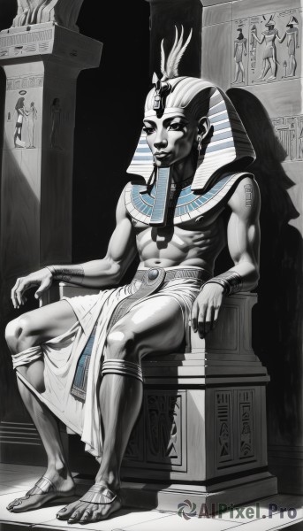 solo,looking at viewer,smile,1boy,navel,jewelry,sitting,monochrome,full body,greyscale,male focus,earrings,bracelet,tattoo,makeup,muscular,colored skin,abs,sandals,ring,pectorals,muscular male,pelvic curtain,spot color,bracer,loincloth,pillar,throne,statue,egyptian,egyptian clothes,column,barefoot,piercing