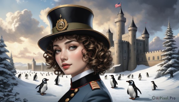 1girl,solo,looking at viewer,short hair,brown hair,hat,upper body,outdoors,parted lips,sky,day,cloud,signature,uniform,tree,lips,grey eyes,military,black headwear,military uniform,bird,cloudy sky,building,snow,freckles,epaulettes,curly hair,top hat,realistic,nose,red lips,flag,castle,penguin,pine tree,scenery