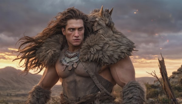 solo,long hair,looking at viewer,brown hair,1boy,brown eyes,jewelry,closed mouth,upper body,male focus,outdoors,sky,artist name,cloud,dark skin,necklace,tree,lips,fur trim,muscular,floating hair,bird,animal,scar,abs,cloudy sky,pectorals,muscular male,wind,sunset,mountain,realistic,animal on shoulder,tooth necklace,pelt,1girl,nipples,facial mark,arrow (projectile),facepaint,bare pectorals,wolf,tribal