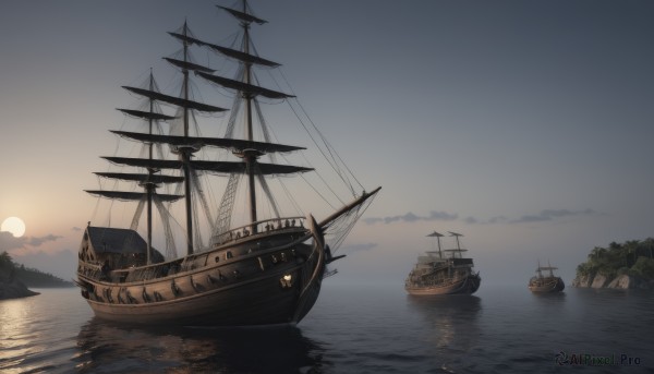 A majestic sunset outdoors featuring a boat