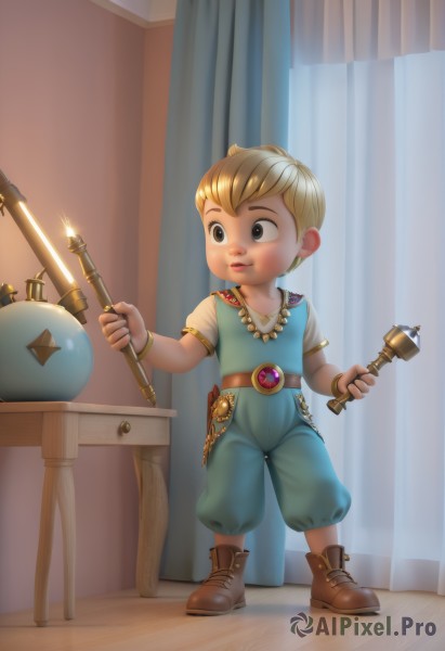 solo,smile,short hair,blonde hair,shirt,1boy,holding,jewelry,standing,full body,weapon,short sleeves,male focus,boots,belt,pants,sword,indoors,necklace,holding weapon,black eyes,bracelet,brown footwear,holding sword,table,curtains,child,male child,blue eyes,teeth,lamp,hammer,explosive,bomb