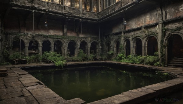 outdoors,indoors,water,tree,no humans,window,plant,building,scenery,stairs,ruins,bridge,pillar,arch,moss,overgrown,grass,fantasy,door,road,architecture,vines