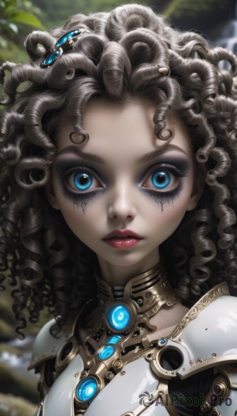 1girl,solo,long hair,looking at viewer,blue eyes,brown hair,black hair,hair ornament,jewelry,closed mouth,upper body,outdoors,parted lips,day,artist name,signature,dark skin,armor,blurry,dark-skinned female,lips,eyelashes,makeup,depth of field,blurry background,facial mark,expressionless,lipstick,gem,portrait,close-up,eyeshadow,curly hair,nose,red lips,straight-on,cyborg,mascara,dreadlocks,gorget,wide-eyed,eyeliner,facepaint