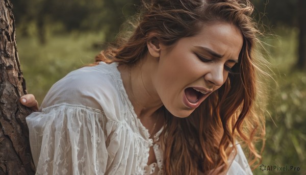 1girl,solo,long hair,open mouth,brown hair,shirt,1boy,closed eyes,white shirt,upper body,male focus,outdoors,horns,teeth,dark skin,white dress,blurry,tree,lips,fingernails,depth of field,blurry background,wavy hair,messy hair,curly hair,realistic,screaming,dress,day,necklace,portrait,music,singing,shouting