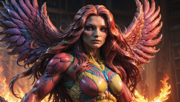 1girl,solo,long hair,breasts,looking at viewer,blue eyes,medium breasts,upper body,red hair,parted lips,wings,covered nipples,lips,bodysuit,makeup,fire,feathers,feathered wings,skin tight,red bodysuit,multicolored bodysuit,brown hair,green eyes,multicolored clothes,realistic