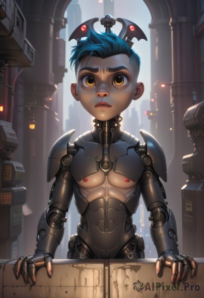 solo,looking at viewer,short hair,1boy,brown eyes,nipples,blue hair,yellow eyes,male focus,parted lips,armor,lips,looking up,robot,head wings,building,science fiction,city,android,joints,male child,mechanical arms,cyborg,robot joints,cyberpunk,mechanical parts,upper body,orange eyes,aged down,pectorals,child