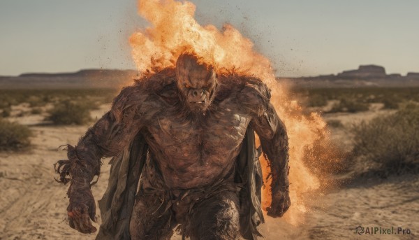 solo,looking at viewer,red eyes,1boy,standing,male focus,cowboy shot,outdoors,teeth,cape,blurry,torn clothes,muscular,blurry background,fire,glowing eyes,smoke,monster,sky,pants,blood,glowing,facial hair,beard,clenched hands,topless male,sand,chest hair,desert,dust