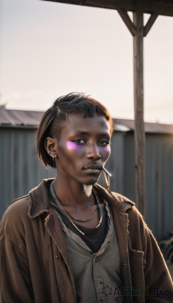 1girl,solo,looking at viewer,short hair,shirt,black hair,1boy,brown eyes,jewelry,collarbone,jacket,upper body,male focus,earrings,outdoors,parted lips,open clothes,day,dark skin,necklace,blurry,black eyes,open jacket,dark-skinned female,lips,makeup,buttons,depth of field,blurry background,mouth hold,eyeshadow,freckles,cigarette,brown jacket,realistic,nose,smoking,facepaint,leather,very dark skin,leather jacket,facial hair,lipstick