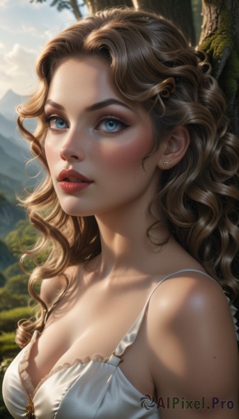 1girl,solo,long hair,breasts,looking at viewer,blush,blue eyes,blonde hair,brown hair,dress,cleavage,bare shoulders,jewelry,medium breasts,collarbone,upper body,earrings,outdoors,sky,sleeveless,day,cloud,white dress,mole,blurry,tree,lips,eyelashes,makeup,blurry background,wavy hair,sunlight,lipstick,freckles,curly hair,realistic,nose,red lips,stud earrings,hair ornament,underwear,parted lips,teeth,artist name,bra,mole on breast