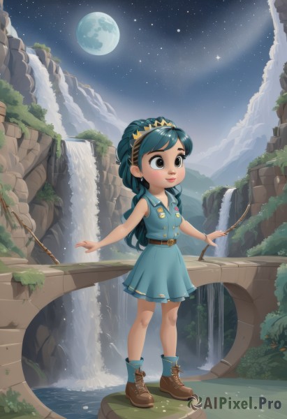 1girl,solo,long hair,blush,smile,bangs,dress,holding,brown eyes,jewelry,closed mouth,blue hair,standing,full body,braid,hairband,boots,outdoors,sky,shoes,sleeveless,socks,belt,sailor collar,water,bare arms,night,buttons,sleeveless dress,blue dress,brown footwear,short dress,moon,tiara,child,star (sky),night sky,full moon,cross-laced footwear,starry sky,sailor dress,female child,ankle boots,pleated dress,planet,river,waterfall,cloud,scenery,mountain,cliff