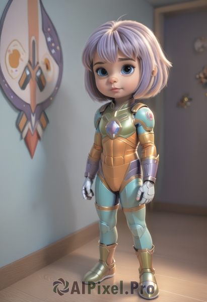 1girl,solo,looking at viewer,short hair,bangs,blue eyes,closed mouth,standing,full body,purple hair,white hair,boots,artist name,indoors,signature,armor,blurry,lips,bodysuit,aged down,gauntlets,child,female child,armored boots,cyborg,helmet removed,weapon,realistic